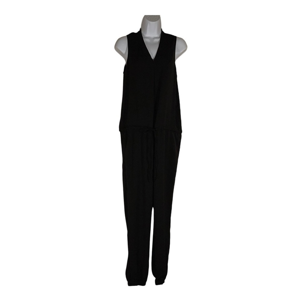 SMALL CQ BY CQ BLACK JUMPSUIT ZIP FRONT SLEEVELESS BRUSHED SATIN GOTH VNECK